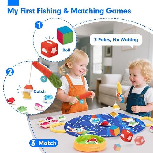 hahaland Montessori Toys for 1 Year Old - Fishing Game for Toddlers 1-3 with Shapes Colors Learning Mat, Dices, Fish, 2 Poles, Cards, 1 Year Old Educational Toys Toddler Games Ages 2 thumbnail 3