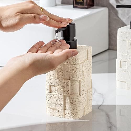 Haocoott Soap Dispensers 400mL 13.5 OZ, 2 PCS Luxurious Hand Dish Lotion Shampoo Soap Dispenser Jar, Travertine Stone Look Soap Pump Bottles for Kitchen Bathroom Countertop (White) thumbnail 2