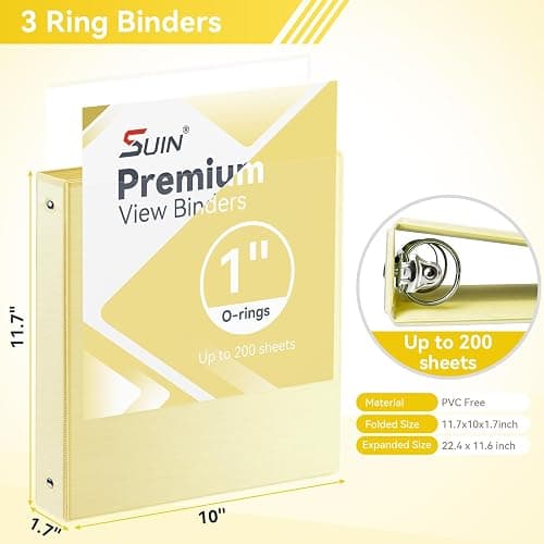 SUIN 1 Inch 3 Ring Binder, Clear 1'' View Presentation Binders with 2 Pockets, Fits 8.5 x 11 Letter Size, Durable Polypropylene, Non-Stick & PVC-Free for School, Office & Home (Brushed Yellow) thumbnail 2
