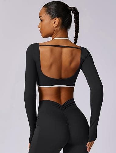 ABOCIW Long Sleeve Workout Tops for Women with Built in Bra Halter Open Back Croped Gym Top Yoga Athletic Shirts thumbnail 2