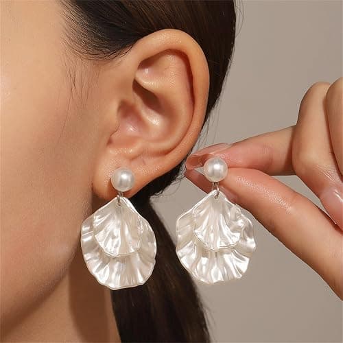 Seashell Pearl Stud Earrings for Women Ocean Sea Theme Sweet Double Layer Acrylic Shell Lightweight Dangle Drop Earrings for Summer Beach Holiday Halloween Party Jewelry Accessories thumbnail 3