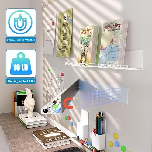 DTUQYX Metal Magnetic Book Shelf: 17” Magnetic Bookshelves for Whiteboard 2-Pack with 2 Pen Containers Strong Adsorption, Durable Floating Book Display Shelf, Movable Office File Holder (White) thumbnail 4