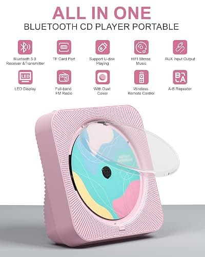 CD Player Portable with Bluetooth 5.1Desktop CD Player with HiFi Sound Speakers,Remote Control,Dust Cover,LED Display,Boombox FM Radio,USB/AUX for Home (Pink) thumbnail 6