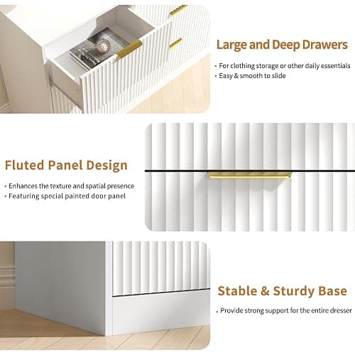 NOVAMAISON White Dresser for Bedroom with 9 Drawers, 63” Wide White Fluted Dresser Modern Chest of Drawers with Gold Handles, Wooden TV Stand Storage Organizer for Bedroom, Living Room thumbnail 4