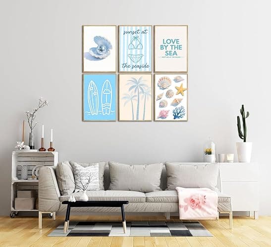 6Pcs Coastal Granddaughter Wall Art Beach Wall Decor Pictures 8inx10in | Blue Shells Bikini Posters Prints Tropical Palm Surfboard painting for Bedroom Dorm Teenage Girls Room Decoration Unframed thumbnail 7