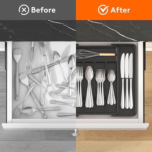 Lifewit Expandable Silverware Organizer, Plastic Utensil Tray for Kitchen Drawer, BPA Free Flatware Cutlery Holder, Space-Saving Storage for Spoons Forks Knives, 8.5-14 x 12 x 1.5 inch, Black thumbnail 4