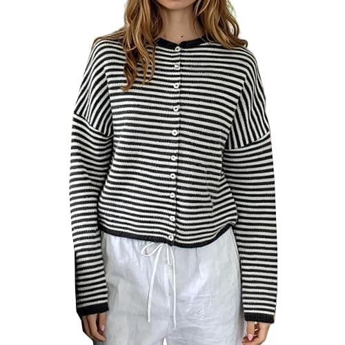Women Knit Cardigan Sweaters Long Sleeve Button Down Loose Top | Striped Cardigans Women Casual Knitted Oversized Sweaters Y2k Vintage Jumper Knitwear Shirt Outwear Going out Top Streetwear - Image 1