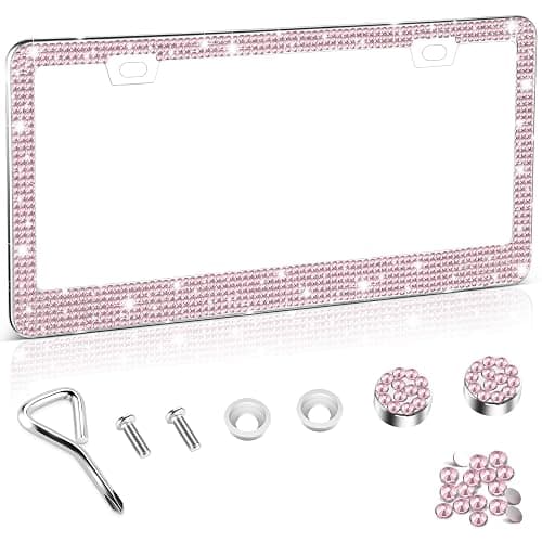 Amiss Bling License Plate Frame for Women, 1Pack Rhinestone Handcrafted Crystal Premium Stainless Steel, Stainless Steel Car Accessories with Diamond Sparkle Glitter Caps (Pink) - Image 1
