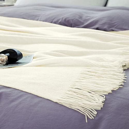 Vonty Ivory White Knitted Blanket with Tassels Fringe 50" x 60", Super Soft Knit Throw Blanket, Farmhouse Decorative Lightweight Blanket for Couch, Sofa, Bed thumbnail 6