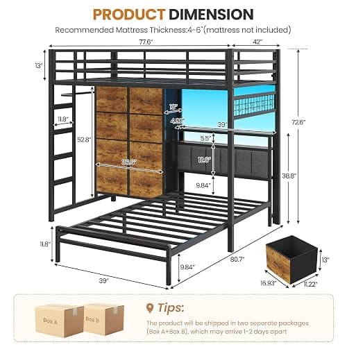 DICTAC Twin Over Twin Bunk Bed with 8 Storage Drawers and Led Lights Metal Bunk Beds with Storage Headboard and Charging Station,L-Shaped bunk Bed for Kids/Teen with Safety Guardrail and Ladder,Black thumbnail 2
