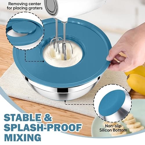 E-far 25PCS Mixing Bowls with Lid Set, Stainless Steel Nesting Prep Bowls with Grater Attachments Non-Slip Bottoms for Cooking, Baking, Serving, Food Storage, 4.6/2.6/2/1.5/1/0.7QT - Blue thumbnail 4