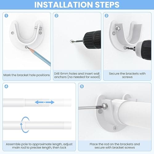 Closet Rods for Hanging Clothes, 17 to 99 Inch Heavy Duty Stepless Adjustable Closet Hanging Rod, 1.3 Inch Diameter Metal Closet Rod for Wardrobes Laundry Bedroom RV, White thumbnail 8
