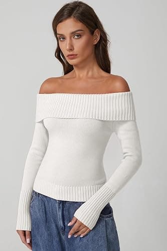 QINSEN Cotton Off The Shoulder Sweater for Women Long Sleeve Ribbed Knit Pullover Sweater Slim Fit Going Out Tops thumbnail 4