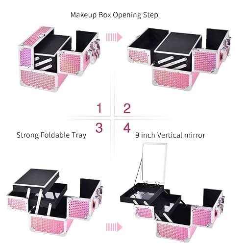 Joligrace Makeup Train Case Makeup Case Organizer Portable Cosmetic Box Storage with 2 Trays Mirror Locking Make Up Travel Case for Nail Kits Cosmetics Craft Traveling Makeup Box Mermaid Pink thumbnail 7