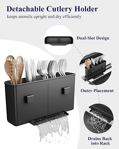 Kitsure Dish Drying Rack - Multi-Functional Dish Rack for Kitchen Counter with Cutlery Holder, Rust-Proof Storage Solution with Rotatable, 15.7" x 12.0" x 5.5", Black thumbnail 6
