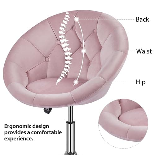 Yaheetech Living Room Vanity Chair Makeup Velvet Round Tufted Back Swivel Accent with Chrome Frame Height Adjustable for Room, Bedroom, Pink thumbnail 8