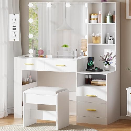 BEWISHOME White Vanity Desk with Mirror and Lights,Makeup Vanity Set with Glass Top,Large Dressing Table with Charging Station,4 Drawers,Nightstand,Stool,Makeup Desk for Girls Women Bedroom FST28W thumbnail 7