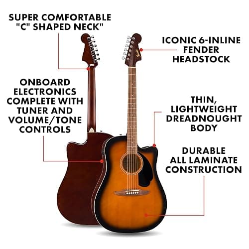 Fender California Debut Redondo CE Series Acoustic Guitar, Beginner Guitar, 2-Year Warranty, Includes Built-In Tuner, 2-Tone Sunburst thumbnail 2