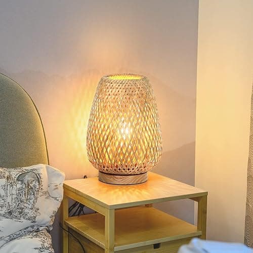 Rattan Table Lamp, Stepless Dimmable Small Beside Lamp, Vintage Wicker Wooden Nightstand Boho Bamboo Woven End Table Lamps for Bedroom Living Room Desk Kids Room, 2700K T45 LED Bulb Included thumbnail 5