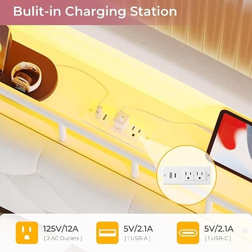 BTHFST Full Bed Frame with Storage Headboard & 4 Drawers, Girl Upholstered Storage Bed with LED Lights & Charging Station, No Box Spring Needed, Easy Assembly, Beige thumbnail 7