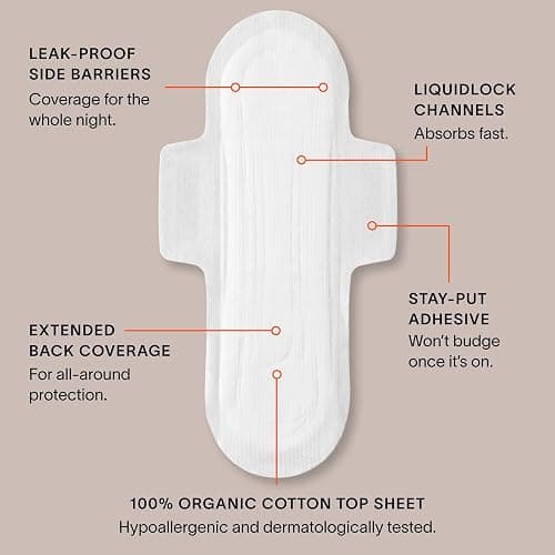 Cora 100% Organic Cotton Topsheet Pads (36 Overnight Pads) | Heavy Absorbency Period Pads with Wings, Made Without Harsh Chemicals, 100% Organic Cotton Topsheet Feminine Care thumbnail 7