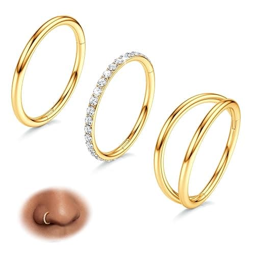 BodyBonita 3pcs Nose Rings Hoops - Double Hoop Nose Ring 14/16/18/20G Hinged CZ Piercing Jewelry Septum Clicker Rings Cartilage Earring Helix Rook Tragus Daith 7mm/8mm/9mm/10mm - Image 1