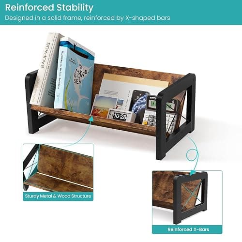 ELITEROO Desktop Bookshelf Organizer, Wood Slanted Desk Bookshelf, Small Tabletop Book Rack, Portable Mini Bookcase for Book Display, Cookbooks, Kids Reading, Office & Home Storage, Rustic Brown thumbnail 7