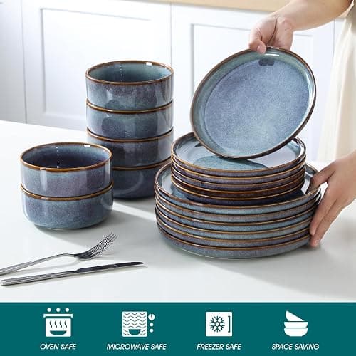 vancasso PLAYA Plates and Bowls Sets, 18 Pieces Grey-Blue Dinnerware Sets for Kitchen, Reactive Glaze Dishes Set for 6, Dishwasher and Microwave Safe thumbnail 5
