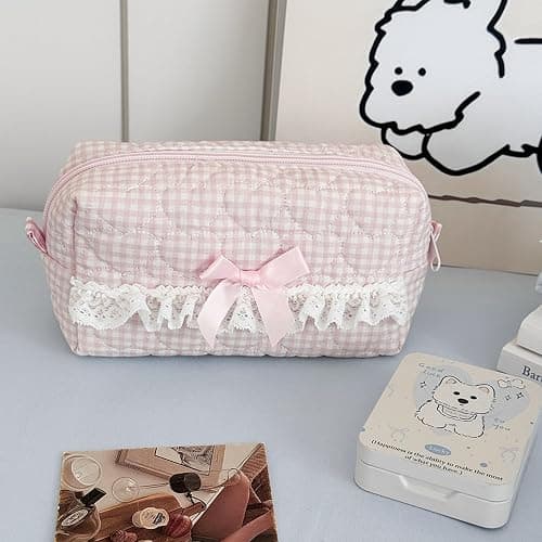 Aniute Floral Quilted Pencil Case with Bow Large Capacity Aesthetic Pen bag Makeup Bag Cute Cosmetic Organizer Pouch Stationery Storage Bag for School Office Travel (Pink heart) thumbnail 2