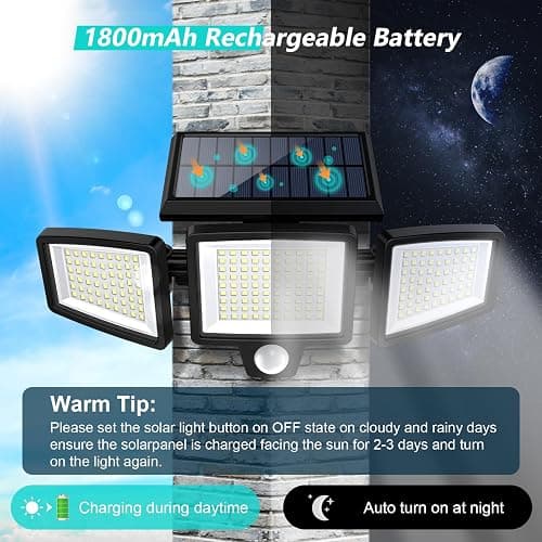 Tuffenough Solar Outdoor Lights 2500LM 210 LED Security Lights with Remote Control,3 Heads Motion Sensor Lights, IP65 Waterproof,270° Wide Angle Flood Wall Lights with 3 Modes(2 Packs) thumbnail 4
