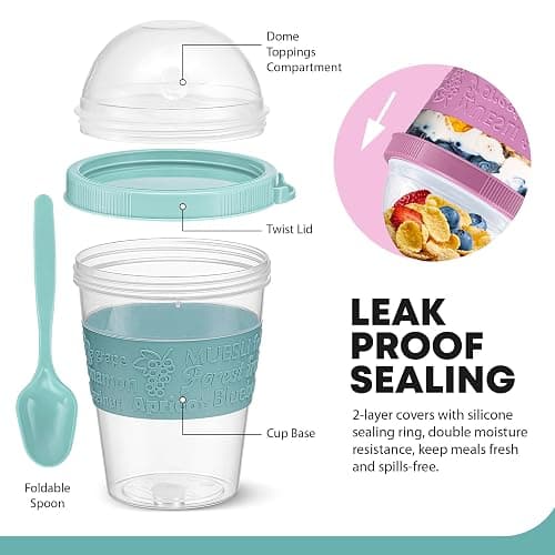 Tribello 4 Pack - On the Go Yogurt Parfait Cups with Lids, Topping Compartment & Spoon, Yogurt/Parfait Cups for Breakfast Meal Prep, Reusable Leak Proof Container - BPA Free - 20oz - Colorfull thumbnail 7