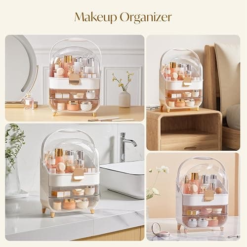 BTGGG Makeup Organizers, Make Up Organizer for Vanity, Countertop Cosmetic Storage with Drawers and Transparent Cover for Bedroom Bathroom, Pearl White thumbnail 6