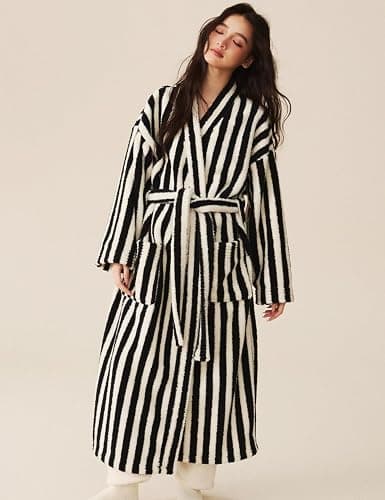 Arssm Womens Striped Fluffy Robe Long Plush Bathrobes Fuzzy Warm Cozy Thick Oversized Loungewear Maxi Robe thumbnail 5