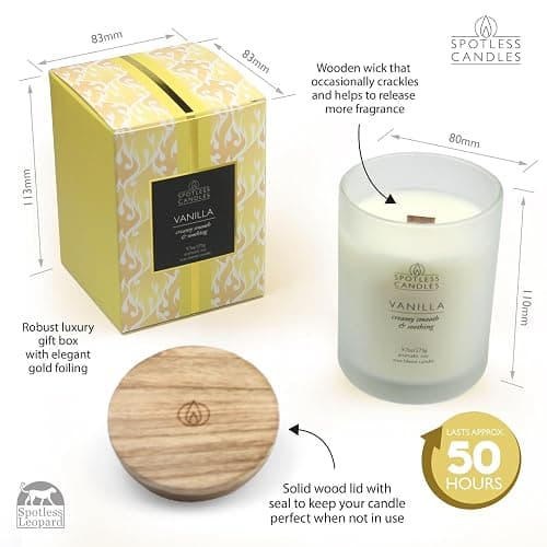 Vanilla Candle 9.7 oz: 55 Hrs Burn Time - Vanilla Scented Candles in Frosted Glass Jar with Wooden Crackling Wick in a Luxurious Gold Foil Lined Gift Box thumbnail 4