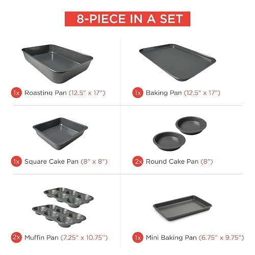 Elbee Home 8-Piece Nonstick Aluminized Steel, Space Saving Baking Set, With Deep Roasting Pan, Cookie Sheet, Cake Pans, Muffin Pans and Baking Pan PFOA & PFOS Free, Holiday Gift for Her thumbnail 5