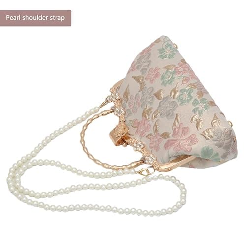 YeBon Retro Shoulder Chain Messenger Clutch Chinese Style Crane Embroidered Jacquard Women's Evening Bags (Golden Pink Flower) - K Pink Flower thumbnail 6