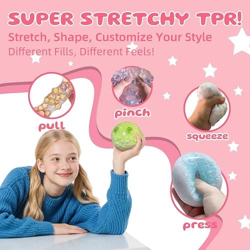 DIY Stress Ball Making Kit - 10 TPR Skins, 13 Fillers, 14 oz Slime, 7 oz Clay, Create ASMR Anxiety Relief Toys, Handmade Squishy Stress Balls, Unique Self-Care Gifts for Women, Crunchy and Relaxing thumbnail 6