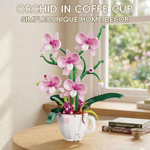 LQPFBSM Pink Orchid Flower Botanical Building Block Set 567 Pcs | Bouquet in Coffee Cup Model Kit Elegant Home Office Desk Decor Creative Plant Craft Gift for Women Adults thumbnail 4