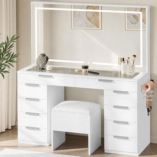 DWVO Vanity Desk Set with Mirror & Power Outlets, Vanity Table with 3 Dimmable Light Colors, 10 Drawers, Hair Dryer Rack – Modern Makeup Table with Hidden Storage Stool - Image 1