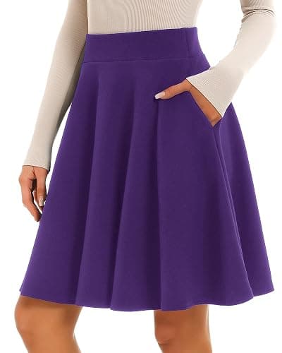 STELLE Women's 21" Knee Length Skirts with Pockets Casual Basic Midi Skirt Stretchy High Waisted Skater Flared Pleated - Image 1