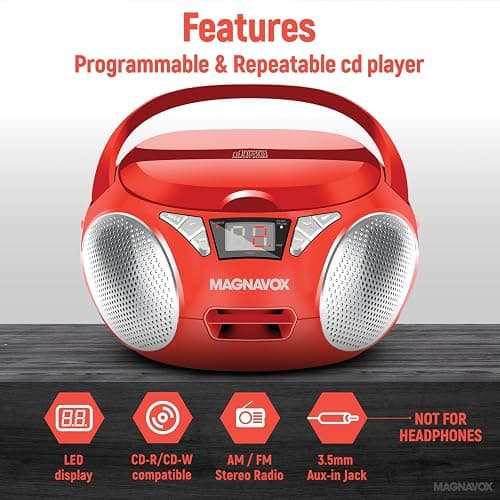 Magnavox MD6924 Portable Top Loading CD Boombox with AM/FM Stereo Radio in Black | CD-R/CD-RW Compatible | LED Display | AUX Port Supported | Programmable CD Player | (Red) thumbnail 2
