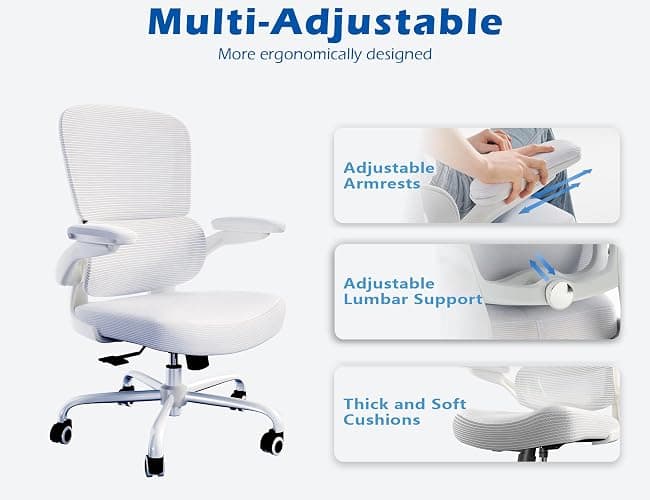 TRALT Ergonomic Office Chair - Desk Chair with Adjustable Lumbar Support Computer Chair - Mesh Comfy Chair with Flip-up Armrests - Gaming Chairs for Adults Home Office (Leather, White) thumbnail 9