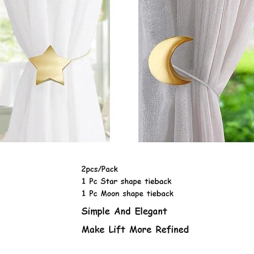 Magnetic Curtain Tiebacks Clips Decorative Rope Holdbacks 1 Pair Gold Moon and Star Shape Window Curtain Drape Tie Backs for Window Draperies Hold, Bedroom Home Décor (1pc Moon +1pc Star) thumbnail 6