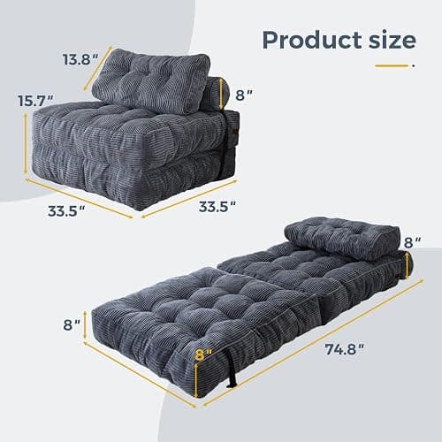 MAXYOYO Folding Sofa Bed, Convertible Chair Bed with Pillow | Foldable Couch with Back Support, Portable Fold Out Chair Comfy Floor Sofa for Living Room Bedroom, Dark Grey, Single thumbnail 2