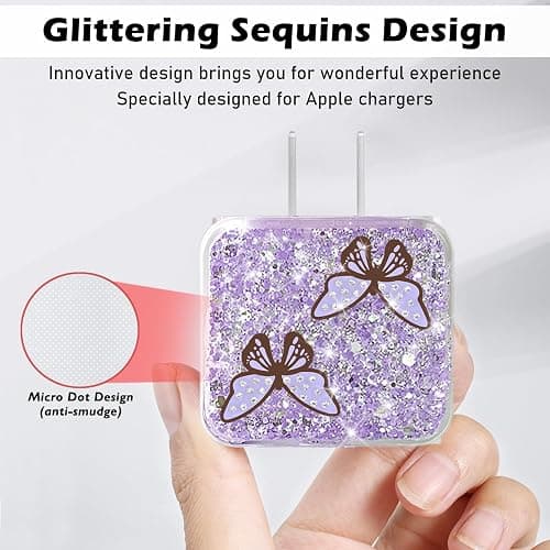 CameCosy Cute Glitter Cable Protector for iPhone Charger with Luxury Butterfly Girly Design Bling Cable Data Line Wire Saver Phone Charger Protector for iPhone 11 12 13 14 15 Pro Max Plus-Purple thumbnail 3