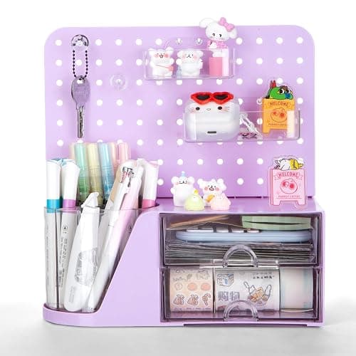 Comix Desk Organizer with 2 Drawer, Purple 360 Rotating Pen Holder for Desk | Desk Organizers and Accessories with 5 Slots Pencil Holder+Pegboard+Drawer, Pen Organizer for Home School Art Office Supplies thumbnail 7
