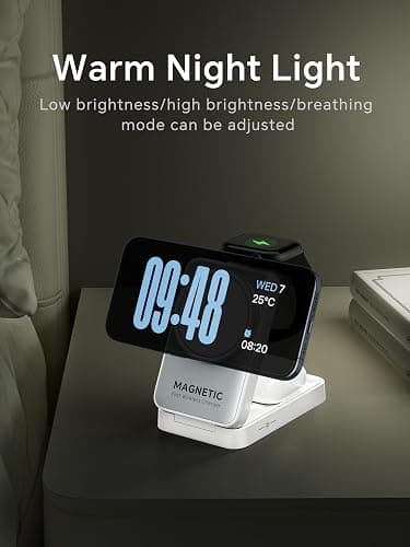 2025 Upgraded 3-in-1 Wireless Charger for iPhone,Travel Magnetic Charger Stand Nightlight Foldable Wireless Charging Station Compatible with Magsafe Charger&iPhone 17/16/15/14/13,Apple Watch&AirPods thumbnail 3