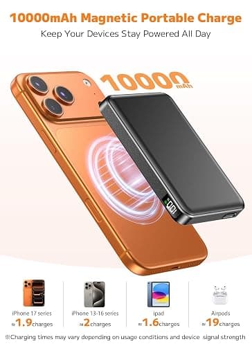 for Magsafe Portable Charger, Power Bank, 10000mAh Wireless Magnetic with Type-C 20W PD Fast Charging, LED Display for Magsafe Battery Pack,Wireless Portable Charger for iPhone 17/16/15/14 all Series thumbnail 2
