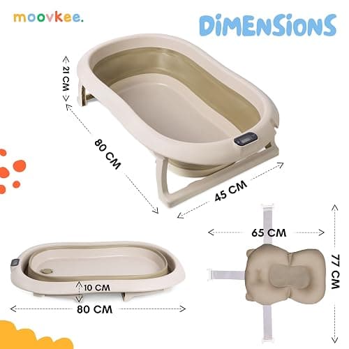 Baignoire pour bébé Pliable - Baignoire pour bébé beige avec thermomètre et coussin de bain - Baignoire pour bébé de 80 cm pour enfants de 0 à 36 mois - Baignoire pour enfant portable antidérapante thumbnail 2