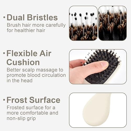 Jurrissa Mini Boar Bristles Hair Bursh, Travel Size Hair Brush for Women Men Kids, Protable Small Hair Brushes for Pockets Purses, Mini Hair Brush for Smooth Add Shine (Boar-White) thumbnail 4